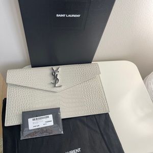 New YSL UPTOWN CROC EMBOSSED LEATHER CLUTCH